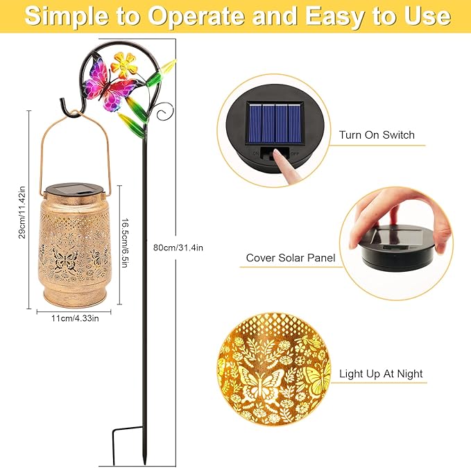 Solar Lanterns Outdoor Butterfly Garden Decor, Gifts for Women Mom Grandma Birthday, Waterproof Metal Hanging Solar Lights LED Decoration with Shepherd Hook Outside for Yard Patio Lawn Porch