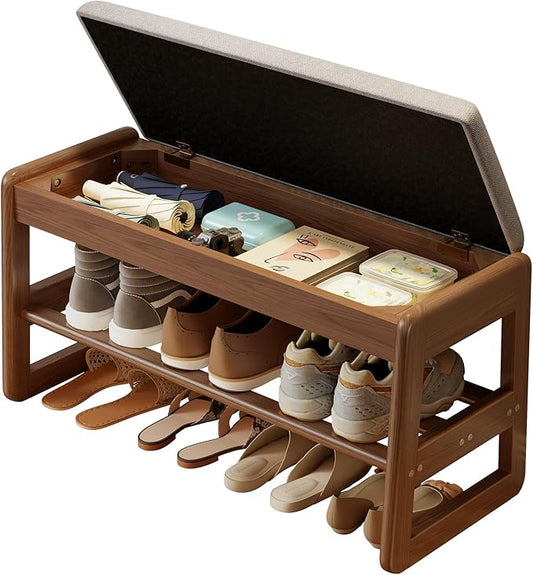 AQIMUELE Shoe Rack Bench,2 Tiers Shoe Bench with Storage with Flip-Top,Wood Shoe Rack for Entryway,Hallway（Walnut Upholstered Seat）
