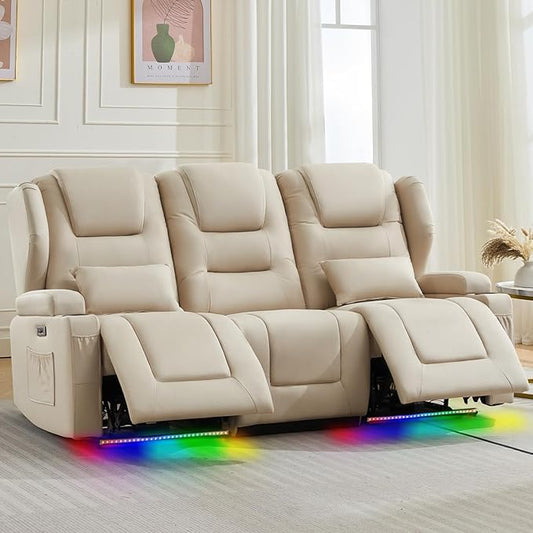 Oprisen 3-Seater Power Recliner Sofa Couch Flip Middle Backrest Reclining Sofa Chair for Living Room with Charging Station/Cup Holders/LED Ambient Light