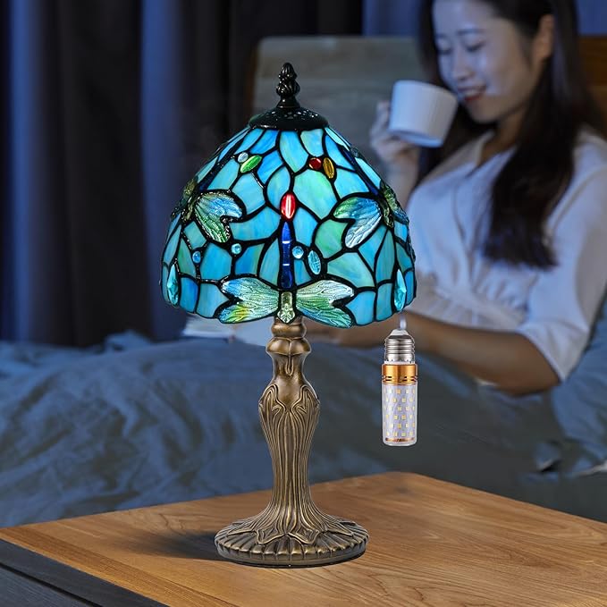 Small Tiffany Table Lamp, 3 Color-Temperature Dragonfly Stained Glass Lamp,8 Inch Tiffany Style Lamp for Bedroom Living Room Home, Handcrafted Light, Included Bulb (Blue)