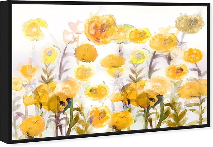 The Oliver Gal Artist Co. Floral and Botanical Wall Art Framed Canvas Prints 'Bella Garden Poppy Yellow' Gardens Black Floating Frame 36" x 24"