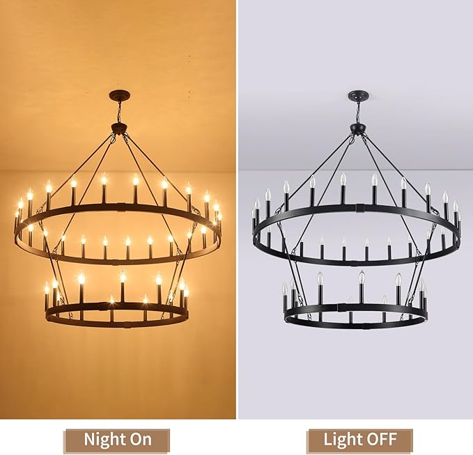 47'' Black Wagon Wheel Chandelier 2 Tier 36-Light Large Round Farmhouse Chandelier, Industrial Pendant Light Fixtures for High Ceilings Dining Living Room Entryway Foyer