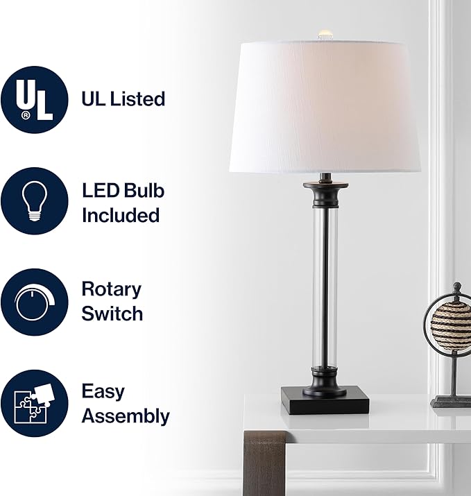 JONATHAN Y 30" Black/Clear Glass and Metal Column Table Lamp Set of 2 for Living Room Bedroom, Traditional Iron Base with White Linen Drum Shade, LED Bulbs Included JYL1008A-SET2