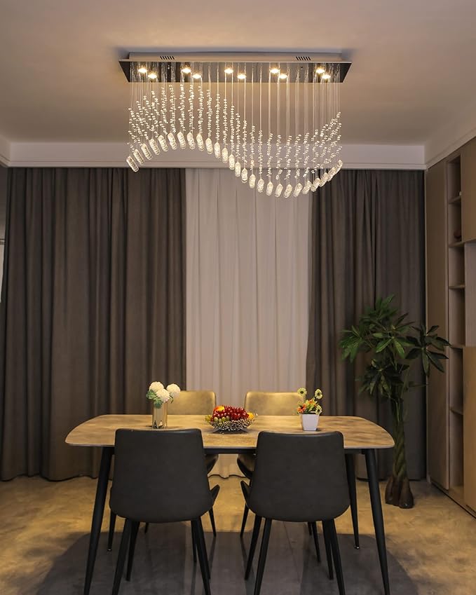 Siljoy Modern Crystal Chandelier, 12-Light Luxury Large Rectangle Wave Raindrop Chandelier, Rectangular Flush Mount Crystal Ceiling Light for Dining Room Kitchen Island L47'' x W11.8'' x H40''