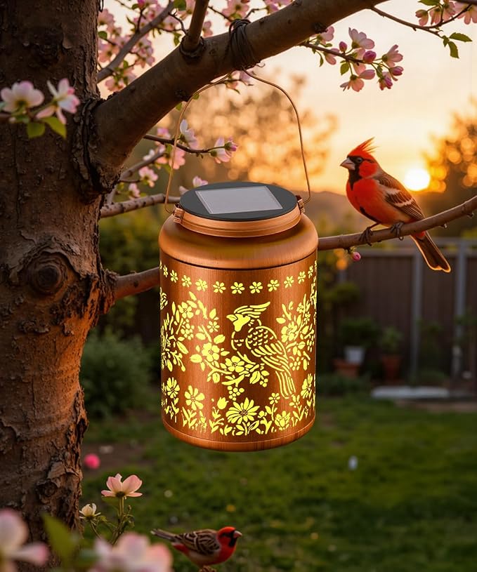 Solar Lanterns Outdoor Waterproof Decorative Garden Solar Lights Outdoor,Hanging Hollow Out Metal Ornaments Decor for Outside Lawn,Patio,Balcony,Yard Unique Gifts for Women Christian Cardinal