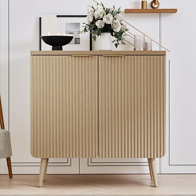 FONTOI 29.5" Wood Fluted Buffet Cabinet with 2 Doors & Storage - Multifunctional Kitchen Sideboard Credenza for Living Room & Entryway, Oak