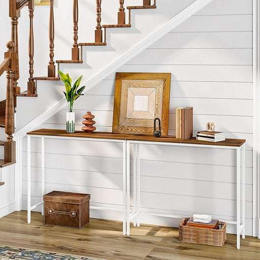HOOBRO Narrow Console Table, 29.5" Small Entryway Table, Thin Sofa Table, Side Table, Display Table, for Hallway, Bedroom, Living Room, Foyer, White and Walnut WH75XG01