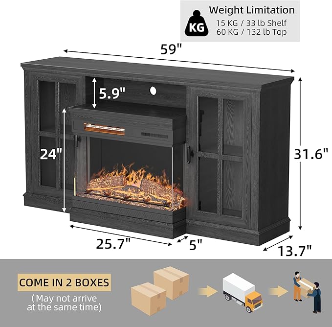 YESHOMY Glass Fireplace TV Stand for Televisions up to 65", Media Entertainment Center Console Table with Doors Closed Storage, Black