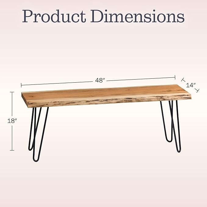 Alaterre Furniture Live Edge Wood Bench with Hairpin Metal Legs - Industrial Modern Entryway Bench with Minimalist Design - Furniture for Entryway, Dining Room, Kitchen, or Bedroom (48 Inch)