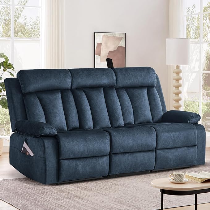 Power Reclining Sofa with Heat and Massage, Electric Reclining Couch with Drop Down Table,Cup Holders, Dual Ports, Wall Hugger Recliner Sofa for Living Room,Home Theater (Blue, Sofa)