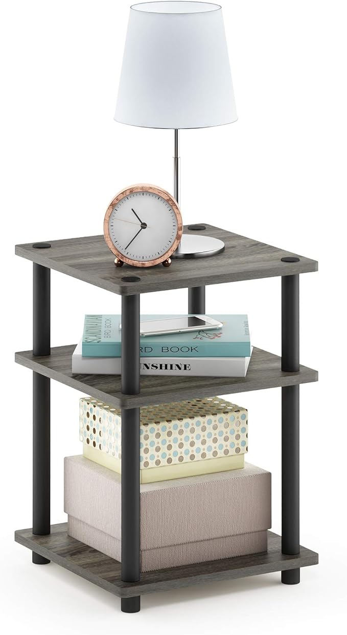 Furinno TURN-N-TUBE Side Table, 3-Tier Square Modern End Table, Open Shelves Nightstand, Night Stand, Bedside Table, Easy Assembly, for Living Room, Bedroom, French Oak