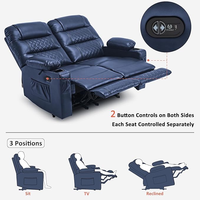 MCombo 56.3" Zero Gravity Power Loveseat Recliner with Heat and Vibration Massage, Reclining Loveseat Sofa with USB Ports, Cup Holders for Living Room, Faux Leather PR622Sets (Navy Blue)