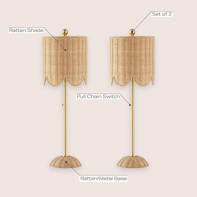 JONATHAN Y 27.5" Brass Gold Coastal Buffet Table Lamp Set of 2 for Bedroom, Boho Table Lamps with Natural Rattan Scalloped Shade, Pull Chain, LED Bulbs Included JYL1138A-SET2