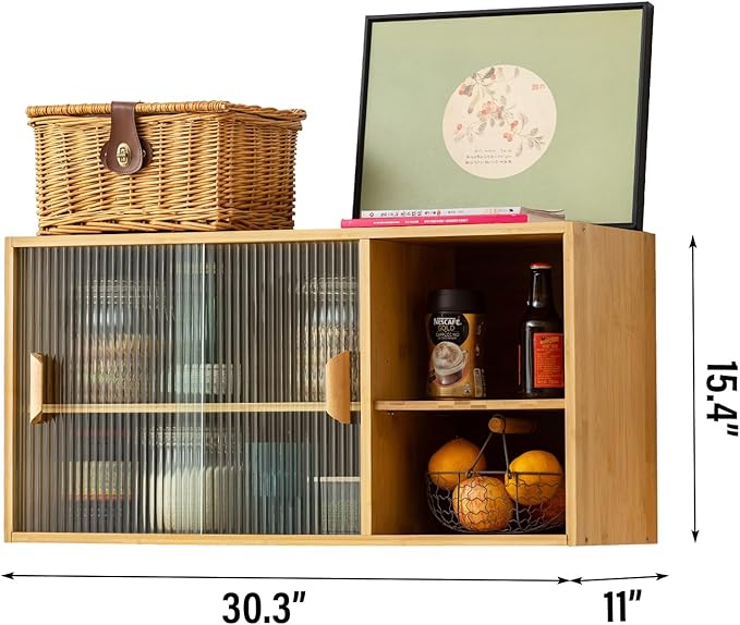 Tiita Small Kitchen Pantry Cabinet, Bamboo Wall Sideboard with Glass Doors, Cupboard Food Pantry Cabinet for Kitchen, Living Room and Dinning Bedroom