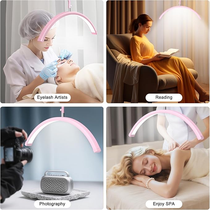 AURELLE Half Moon Lash Light - Adjustable LED Floor Lash Lamp with 4X Magnifier & Phone Holder for Eyelash Extensions,Nail Art,Tattoo,Skincare,Salon SPA-Dimmable Brightness,Rotating Head, Pink