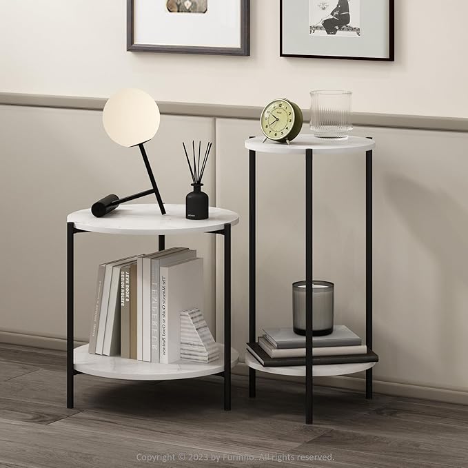 Furinno Besi 2-Tier Modern Round Side End Table with Sturdy Metal Legs, 15.55 (W) x 10.58 (H) x 5.46 (D) inches, Marble White