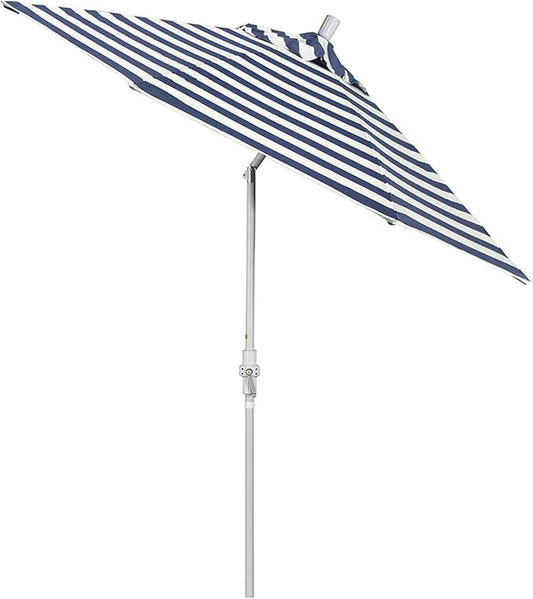 California Umbrella 9' Round Aluminum Pole Fiberglass Rib Patio Umbrella, Crank Lift, Collar Tilt, White Finish, Woven Navy/White Stripe