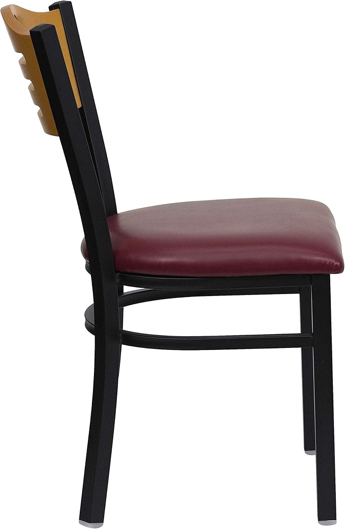 Flash Furniture HERCULES Series Black Slat Back Metal Restaurant Chair - Natural Wood Back, Burgundy Vinyl Seat