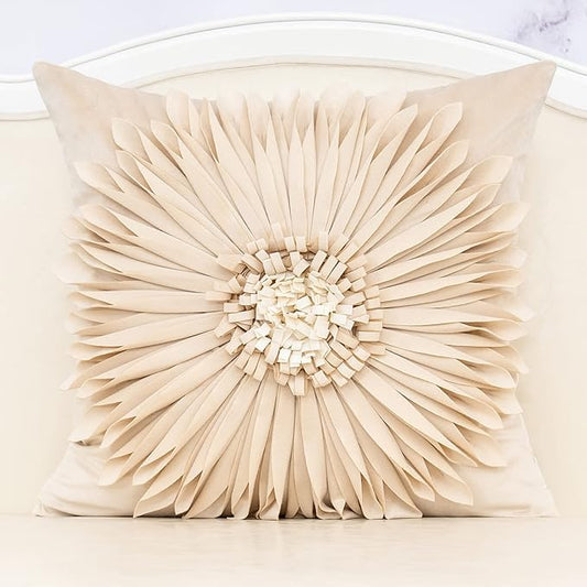 Alerfa 3D Flower Handmade Throw Pillow Cover Decorative Beige Velvet Pillowcase Cushion Cover with Hidden Zipper for Couch Bed Living Room Home Decor 18 x 18 Inches