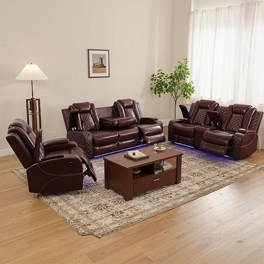 Power Reclining Sofa Sets for Living Room, Leather Recliner Sofa Set with LED Light, Cup Holder, Console Storage, Charging Pad for Home Theater Seating(3 Piece Set,Red)