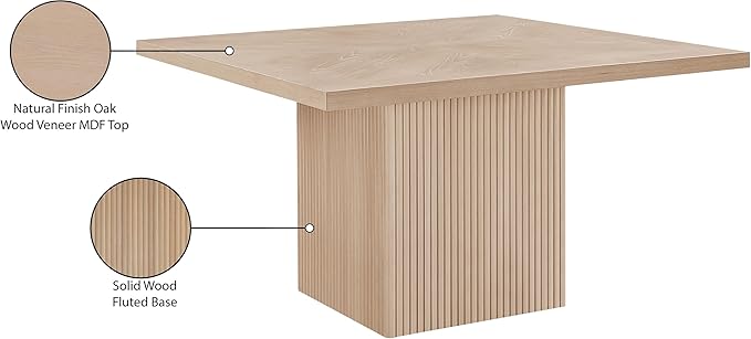Meridian Furniture 729Oak-T Belinda Collection Mid-Century Modern Dining Table, Solid Wood Base, Natural Finish Oak Wood Veneer MDF Top, Square Top, Fluted Base, 54" W x 54" D x 31" H, Oak