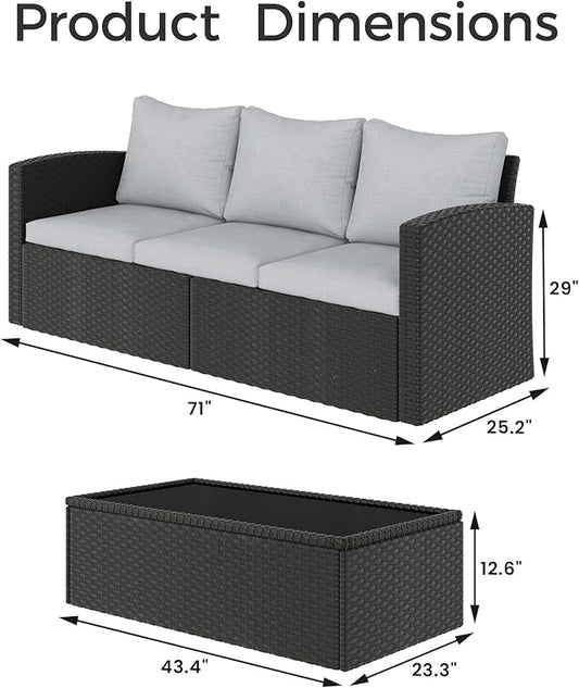 SUNVIVI OUTDOOR Outdoor Patio Couch with Coffee Table, All Weather PE Wicker Rattan Patio Sofa with Upgraded Cushions, Outdoor Furniture for Lawn Backyard Poolside Porch Garden, Gray