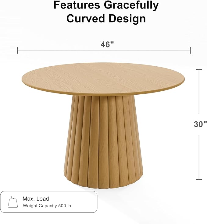 Casaphoria 46" Round Dining Table, Modern Wood Kitchen Table with Cone Shaped Strip Convex Base for Living Room & Dining Room, Easy Assembly Farmhouse Furniture for 4-6, Oak
