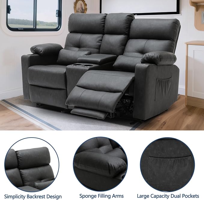 68'' RV Power Loveseat Recliner Sofa with Heat and Massage| RV Loveseat Recliner with Console| Double Reclining Couch with Cup Holder (PU, Black-Gray) | Double Seat, Electric Recliner