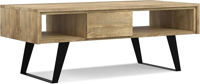 SIMPLIHOME Lowry Solid Mango Wood and Metal 48 inch Wide Rectangle Modern Industrial Coffee Table in Natural for the Living Room and Family Room