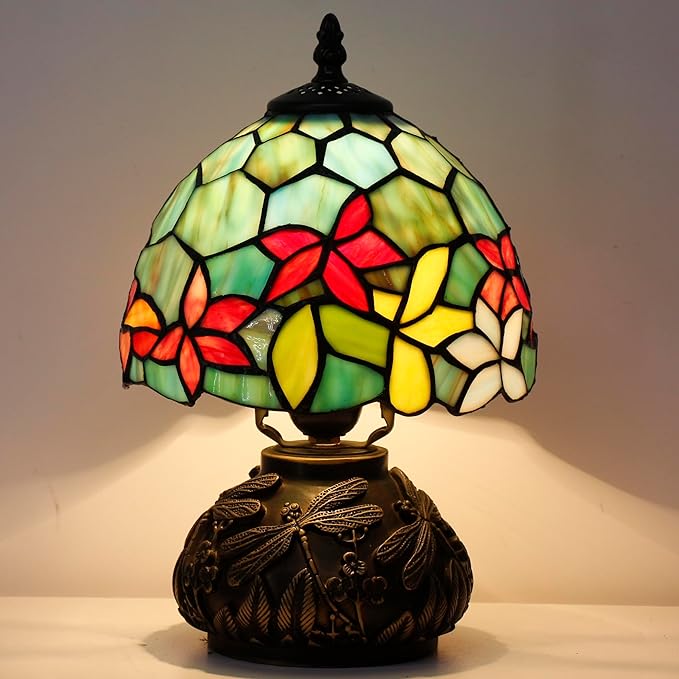 Small Tiffany Lamp Mini Stained Glass Table Lamp Red Green Flowers Style Mushroom Desk Light Memory Sympathy Lamp 8X11 Inch