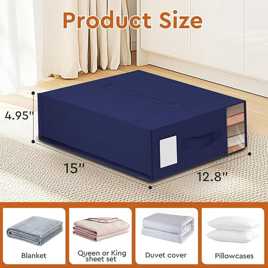 8 Pack Bed Sheet Closet Organizers and Storage,Sturdy Foldable Storage Containers with Window and Label,Storage and Organization for Bedding Sheets,Duvet Covers,Blankets (Blue)