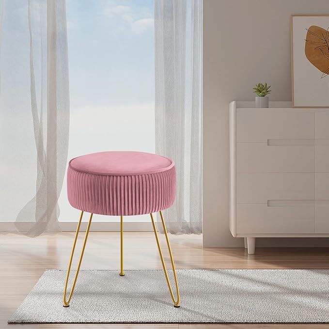 GERANT Multi-Functional Velvet Round Ottoman Footrest with Metal Legs - Modern Offices & Makeup Room Stool, Light Pink