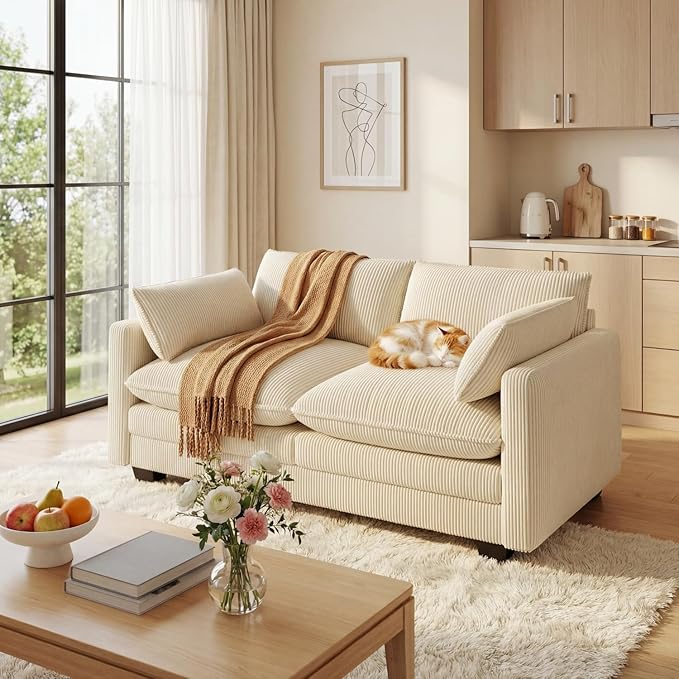 Gizoon 75” Small Cloud Loveseat Couches for Living Room, 2 Seater Love Seat Sofa with Comfy Deep Seat, Small Washable Couches with Removable Corduroy Cover for Apartment, Beige
