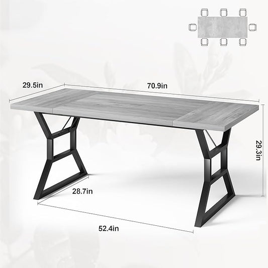 GarveeHome 70.9 in Large Dining Room Table for 6, Rectangular Kitchen Table with Heavy Duty Metal Legs, Farmhouse Wooden Dining Table for Big Family (Grey)