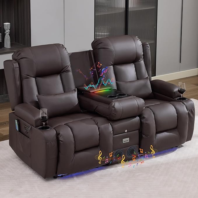 IPKIG Power Recliner Sofa with Flip-Up Backrest Console, USB & USB-C Ports, AC Outlet, LED Lights, Wall Hugger Recliners for Living Room, RV (Chestnut, 67" - 2 Seat) | Breathable Leather, Zero Gravity, Dual Reclining, 2 Lumabr Pillow, Bluetooth Speakers