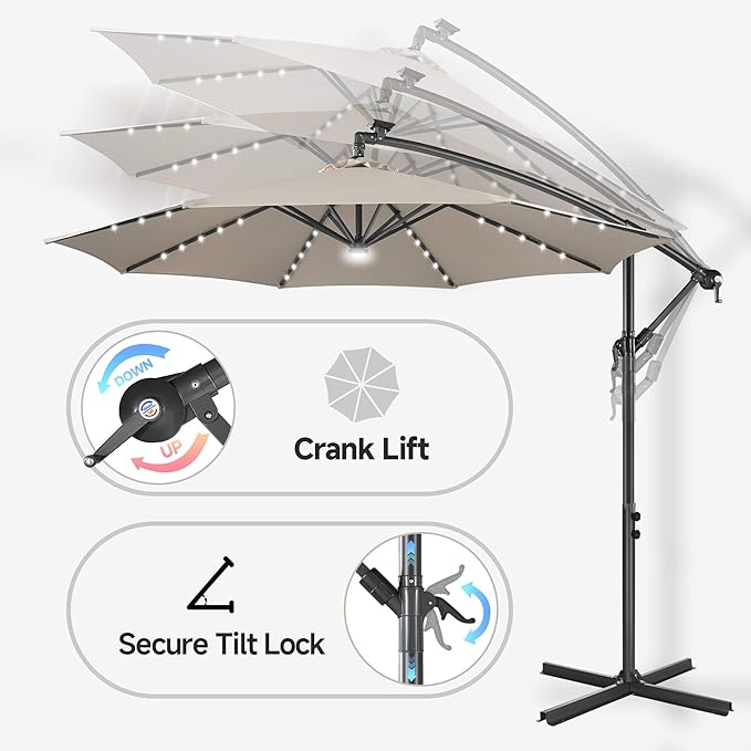 FLAME&SHADE 10ft Solar Cantilever Umbrella with 40 LED Lights, Lighted Large Offset Outdoor Patio Umbrellas, 8 Sturdy Ribs, UPF50+ UV Protection for Pool Deck Garden Yard, Taupe