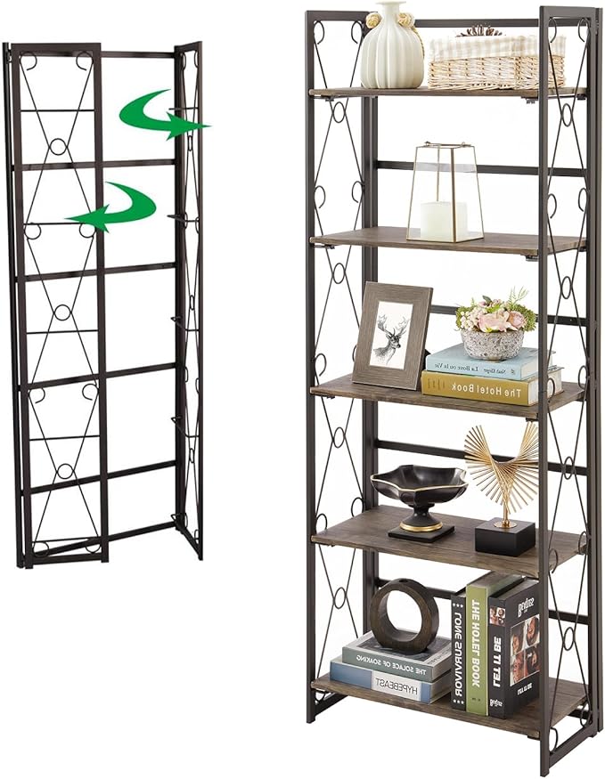 VECELO Folding Bookshelf, 5 Shelf Folding Bookcase No Assembly, Industrial Metal Freestanding Shelves Rack Organizer for Living Room, Office, Bedroom, Kitchen