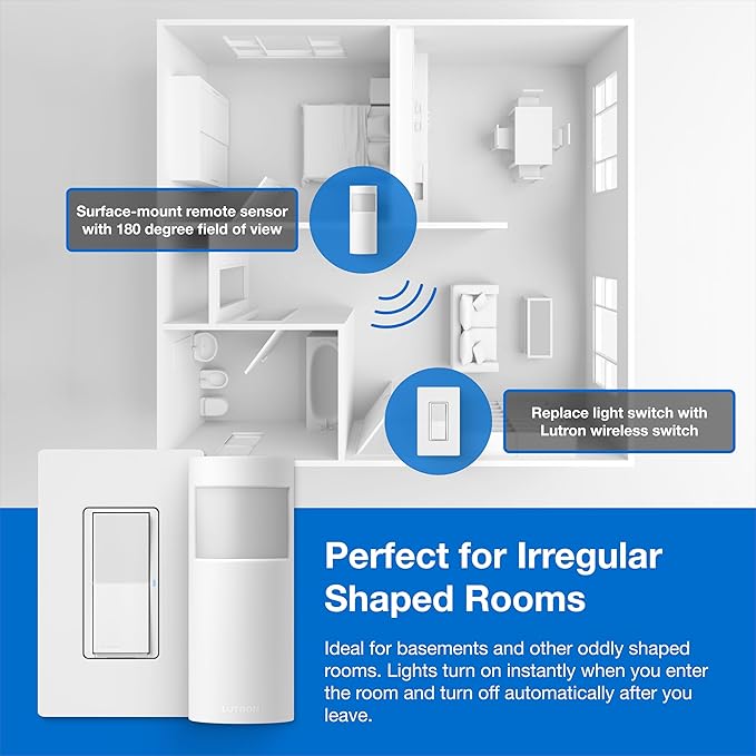Lutron Wireless Motion Sensor Light Switch and Claro Light Switch for Closets, Pantries, Basements, for Any Bulbs, Occupancy Vacancy Sensor, Single-Pole/ 3 Way, White