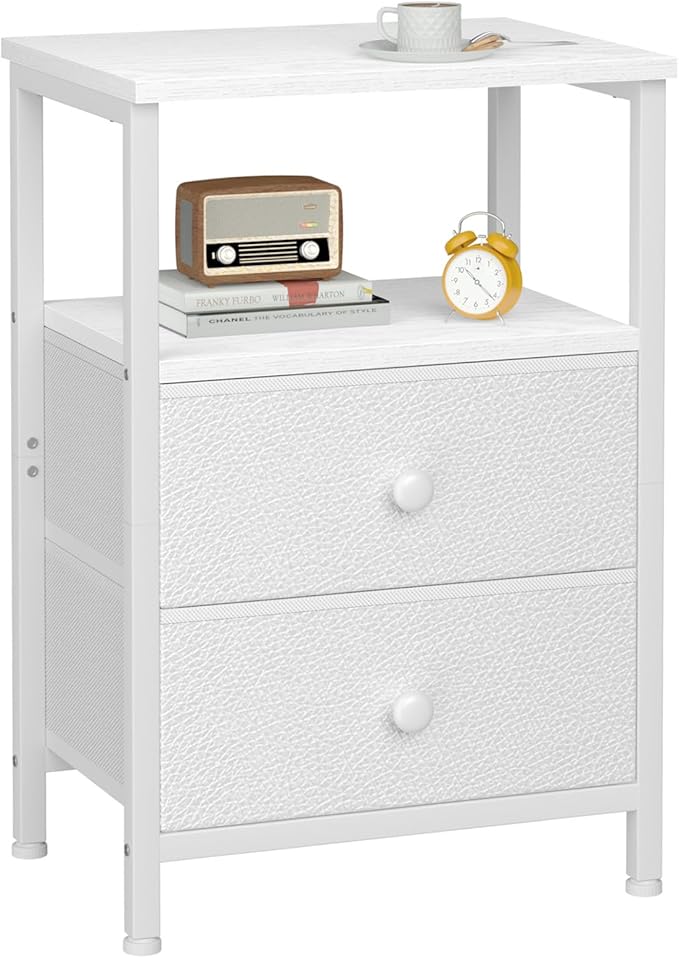 Night Stand for Bedroom, Nightstand with 2 Fabric Drawers, Small Bed Side Table Table with Open Storage Shelf for Living Room, White, HETS002WP-1