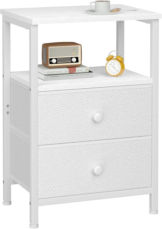 Night Stand for Bedroom, Nightstand with 2 Fabric Drawers, Small Bed Side Table Table with Open Storage Shelf for Living Room, White, HETS002WP-1