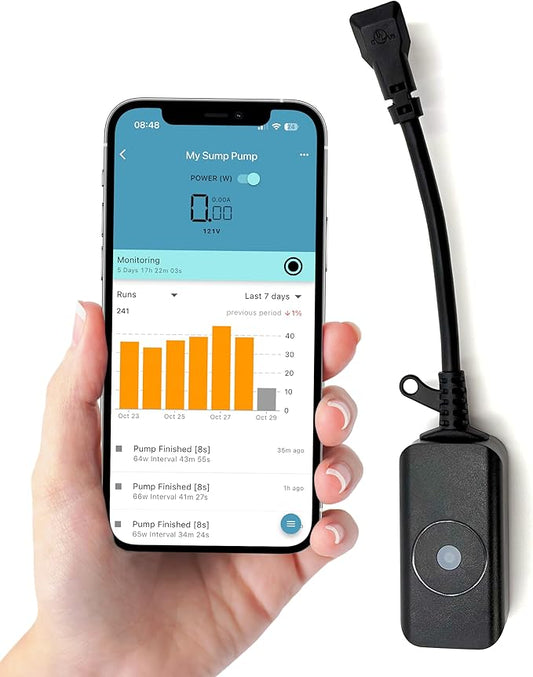 Sump Pump Monitor & Alarm (Outdoor) – Prevent Flooding with Dry Run, Overload and Power Outage Alerts – No Water Level Sensors Needed, Smart Wi-Fi Energy Monitoring Plug