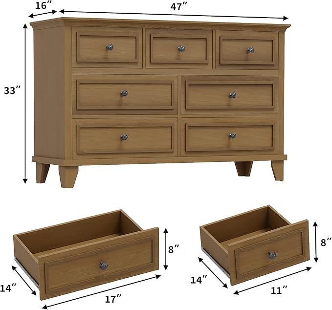 IDEALHOUSE 7 Drawer Dresser, Large Wooden Storage Chest of Drawers with Exquisite Metal Handles, 47" Wide Dresser TV Stand, Drawer Organizer for Bedroom, Living Room, Hallway, Entryway, Brown