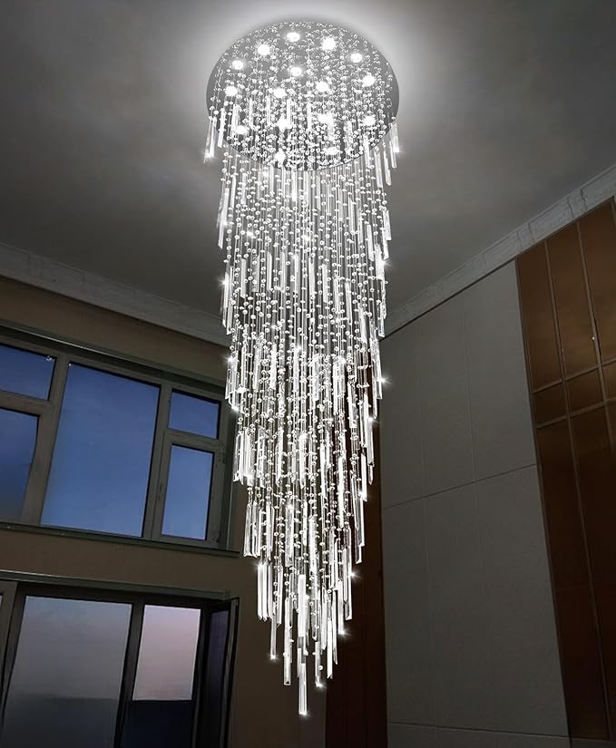 D40'' x H120'' Crystal Chandelier High Ceiling Chandeliers for Entryway Large Raindrop Chandeliers LED Dimmable Flush Mount Light Fixtures for Staircaes Foyer Hallway Living Room Bulbs Included Silver