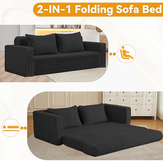 HABUTWAY Folding Sofa Bed, 2 in 1 Convertible Sleeper Chair with 2 Pillows, Portable Fold Out Chair Bed with Armrest, Comfy Floor Couch, Lazy Sofa for Living Room Bedroom Dorm Home Office, Black