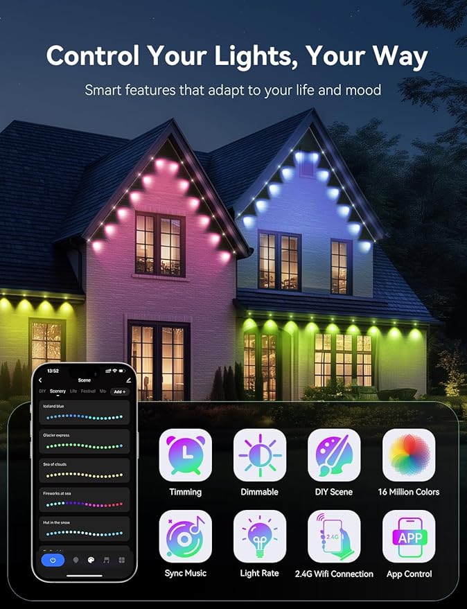 Permanent Outdoor Lights for House, RGB+IC IP67 Waterproof Smart Eave Lights 150ft with 108 LED, Eternity Lighting for Holiday Daily Decor, Work with Remote, APP