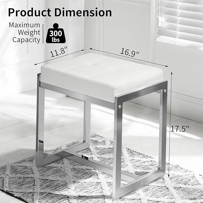 Vanity Stool, Vanity Chair Stools for Makeup Room, Faux Leather Small Makeup Bench, Modern Silver Metal Legs Ottoman Foot Rest for Bedroom Living Room, White & Silver