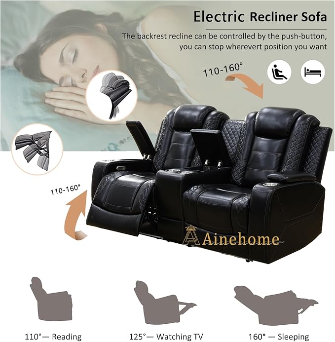 A Ainehome Power Leather Recliner Sofa Set with LED Lights, Recliner Sofa Sectional Couches for Living Room, Reclining Sofa, loveseat, Chair with USB Port/Storage Console/Cup Holder(Black,loveseat)