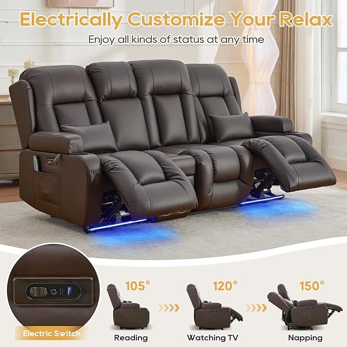 IPKIG Power Recliner Sofa with Flip-Up Backrest Console, USB & USB-C Ports, AC Outlet, LED Lights, Wall Hugger Recliners for Living Room, RV (Brown, 89" - 4 Seat) | Faux Leather, Zero Gravity, Dual Reclining, 2 Lumabr Pillow, Bluetooth Speakers