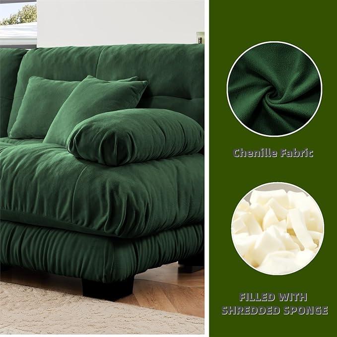 133.8" U-Shaped Cloud Couch, Oversized Modular Sectional Sofa, Deep Seat Cloud Boneless Couch, 3-Seat Modular Sectional Sofa with 2 Ottoman or Living Room,Bedroom and Apartment, Green