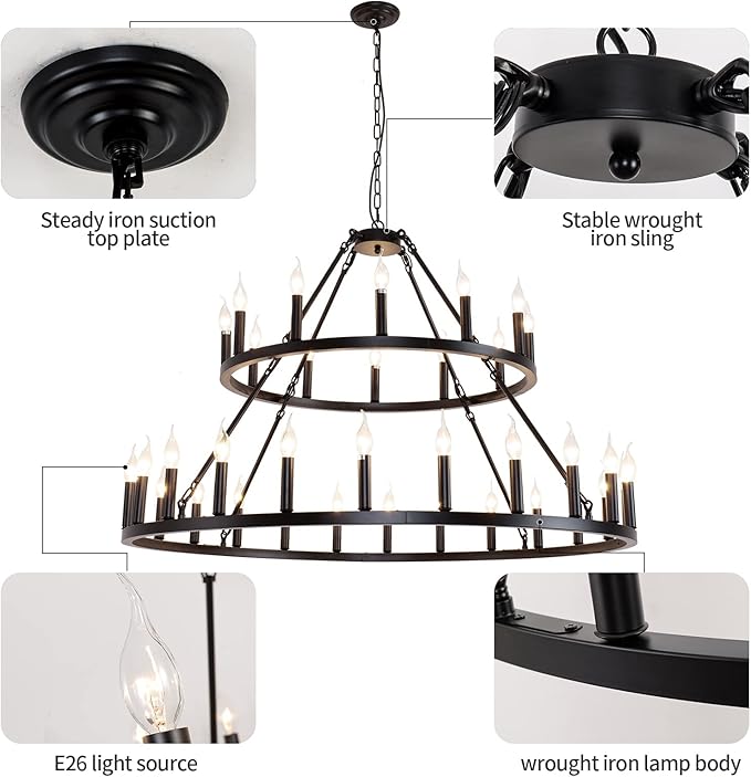 Wagon Wheel Chandelier 2 Tier 36-Light 48-inch, Black Farmhouse Industrial Chandelier Rustic Candle Pendant Light Extra Large for High Ceilings, Living Room Foyer